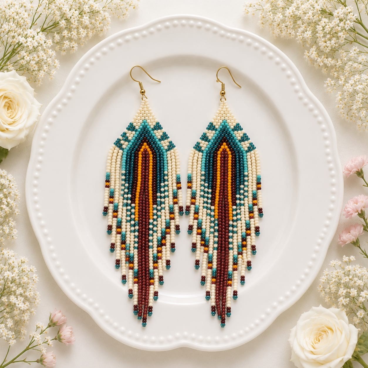 Handmade Turquoise Brown Beaded Earrings Long Geometric Boho Statement Jewelry