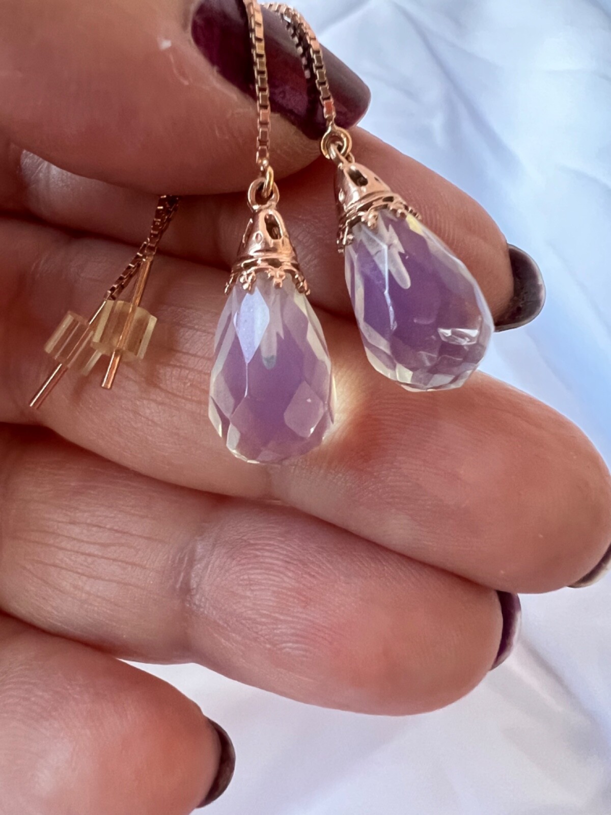 14K PINK ROSE GOLD MOONSTONE THREADER PULL THROUGH CHAIN DANGLE DROP EARRINGS