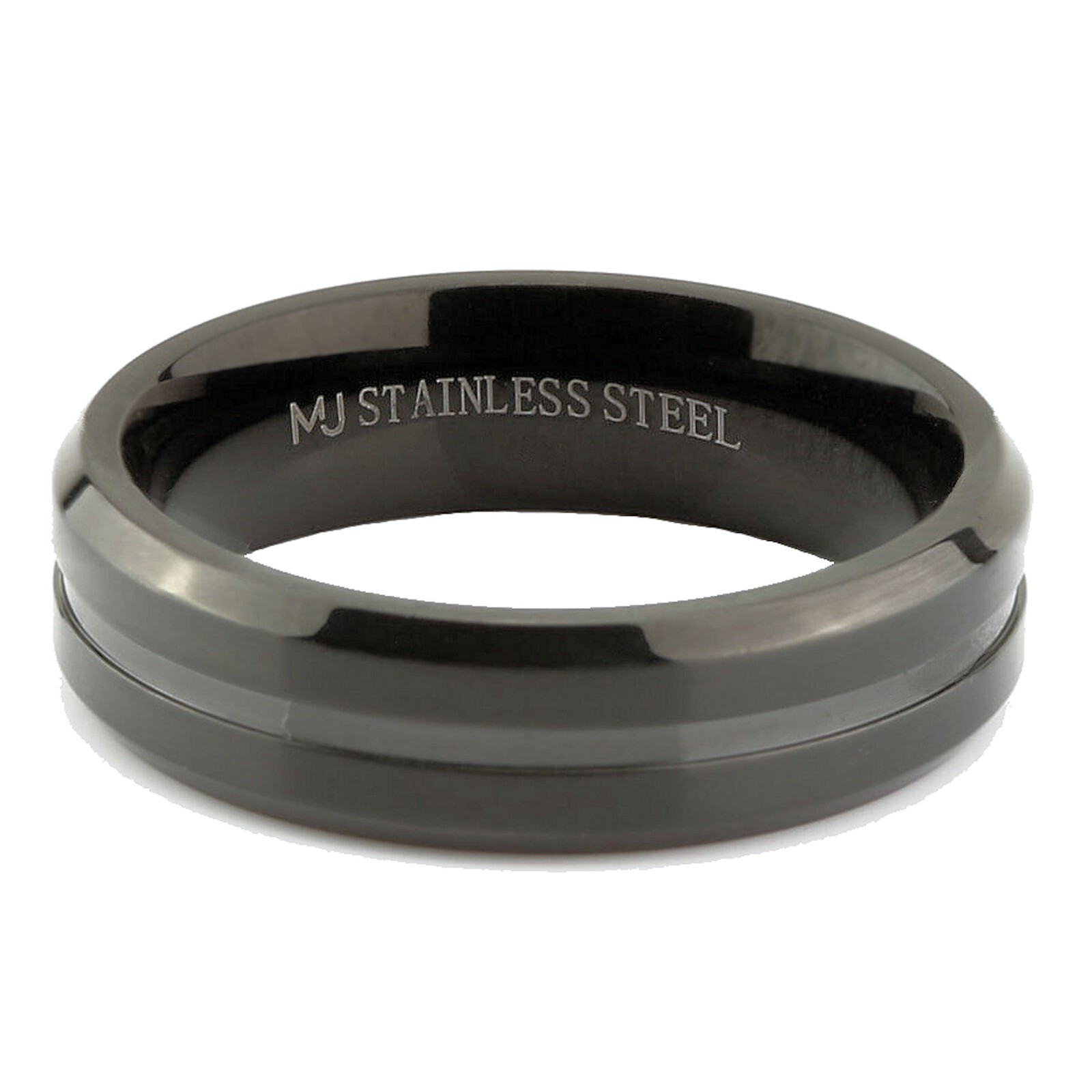 Black Plated Stainless Steel Brushed Beveled Edge or Center Groove 6 or 8mm Ring