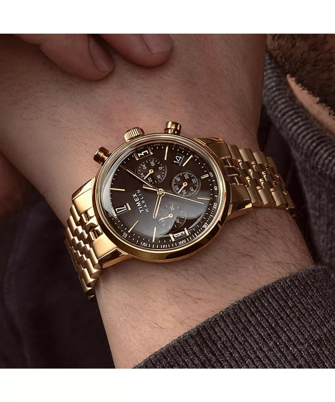 Timex Marlin TW2W59900 Men’s Black Dial Gold-Tone Chronograph Bracelet Watch New