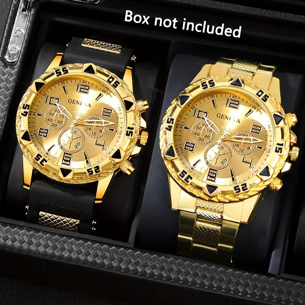 2Pcs Men’s GENEVA Quartz Watch Set Gold & Blue/Gold Chronograph Style 40mm
