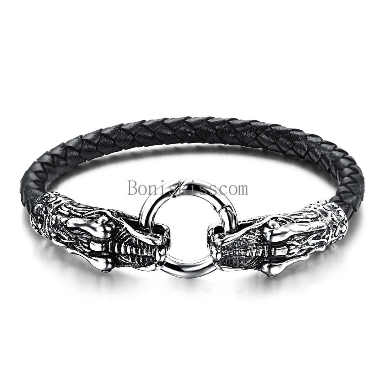Men’s Black Braided Leather Stainless Steel Dragon Head Cuff Bangle Bracelet
