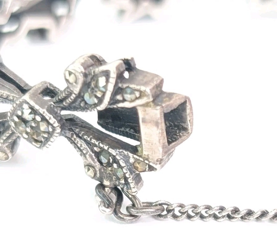 Sterling Silver And Marcasite Bracelet Art Deco Style 6.5 Inch Safety Chain