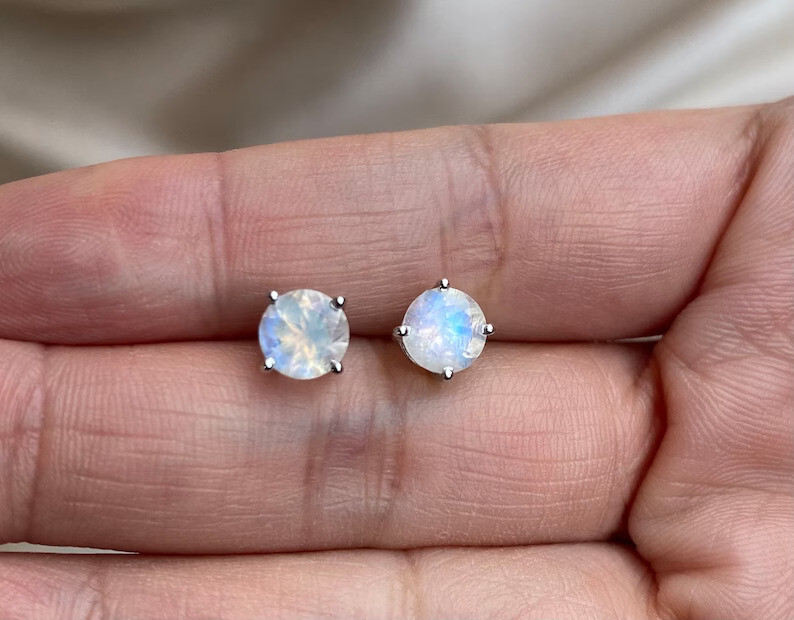 Natural Moonstone Round Cut Stone 925 Sterling Silver Women Tiny Stud Earrings