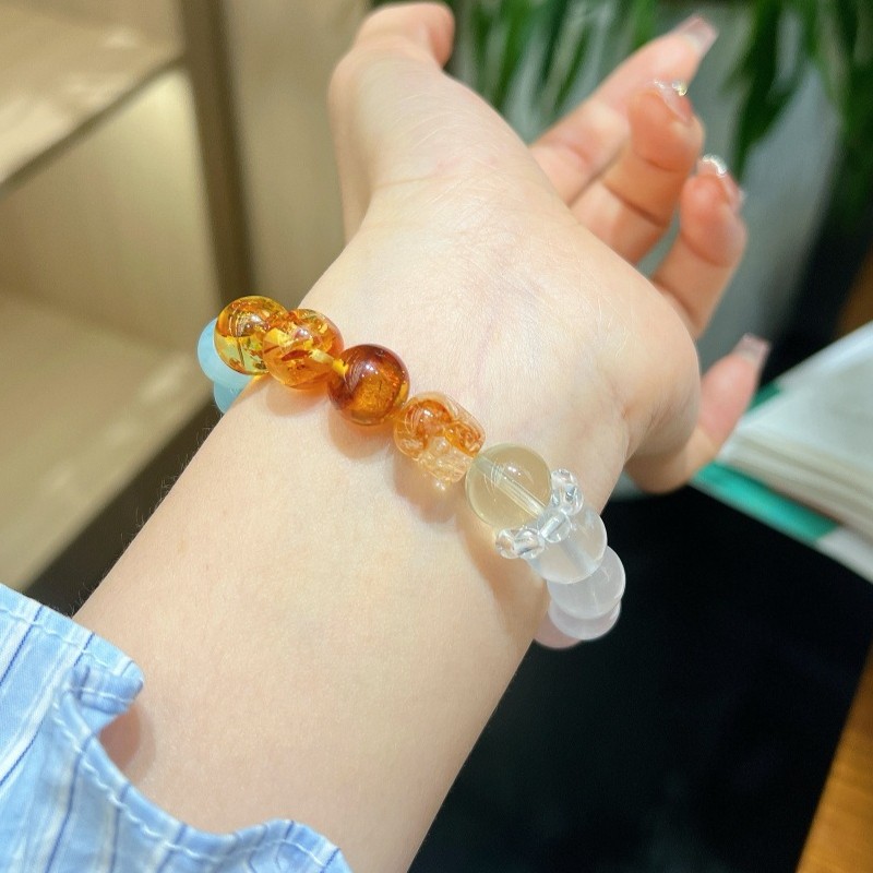 Natural Aquamarine, Rose Quartz, Beeswax, and Amber Handmade Bracelet