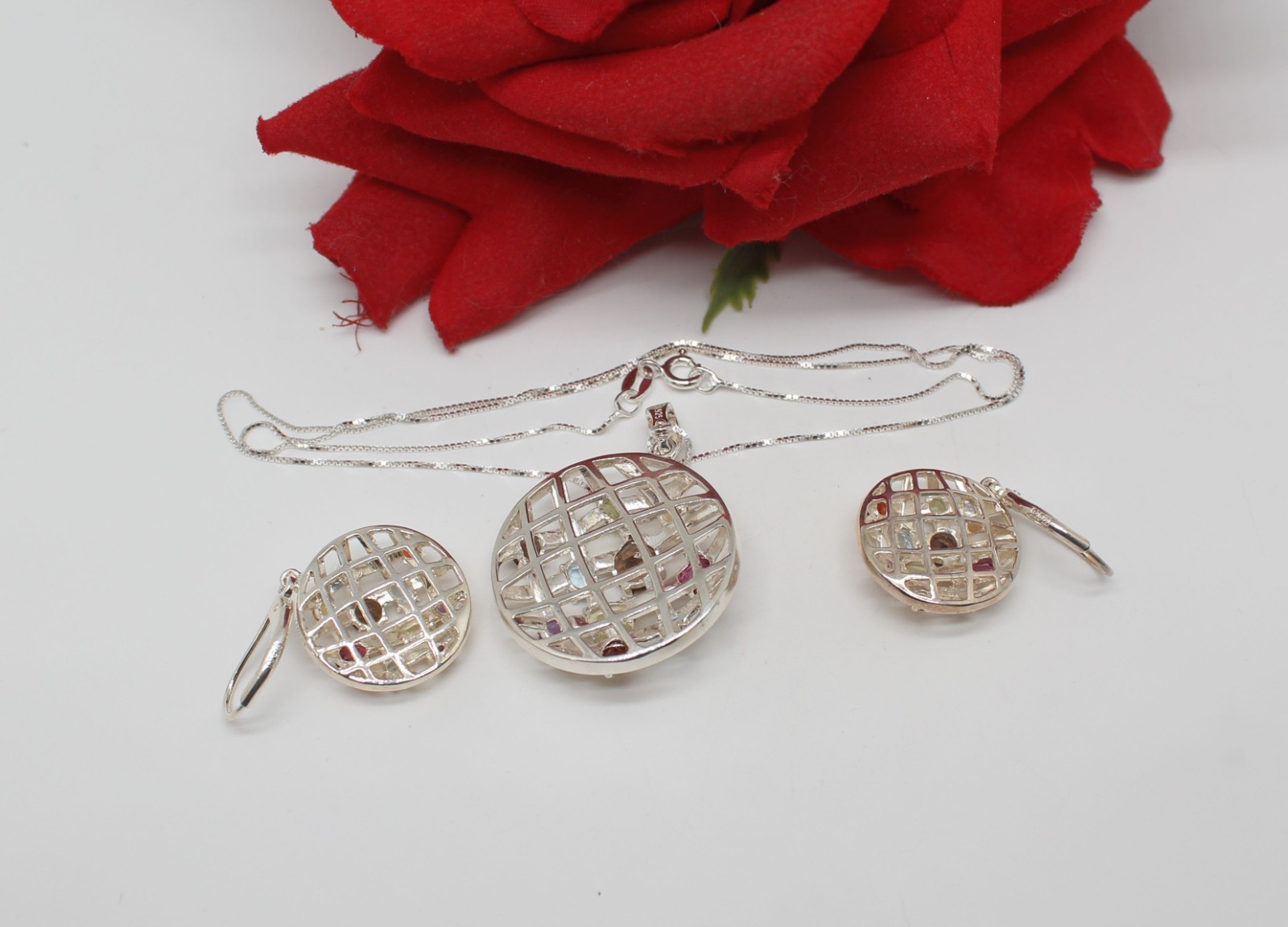 Sterling Silver & Gemstone Necklace Pierced Earrings 16.55g Set CAT RESCUE