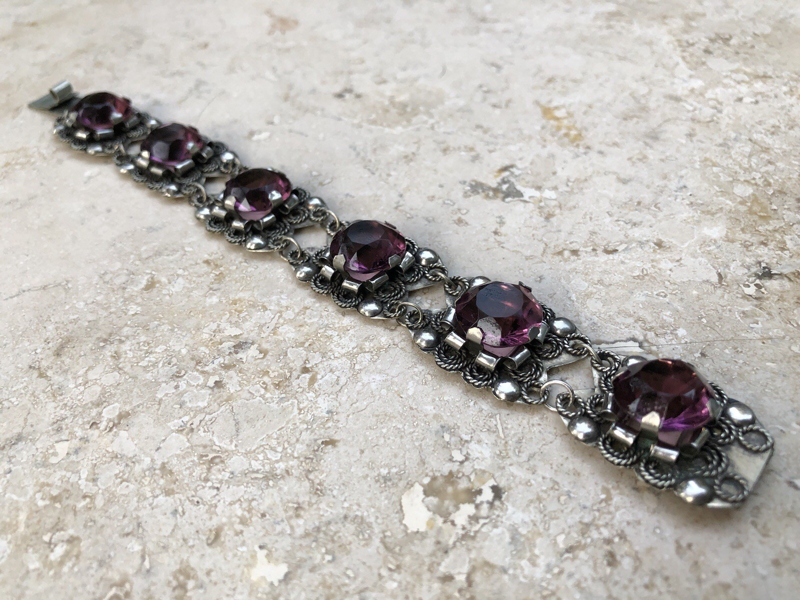 🌟🍇Vintage MEXICO STERLING SILVER Purple Color Stones STATEMENT PANEL Bracelet
