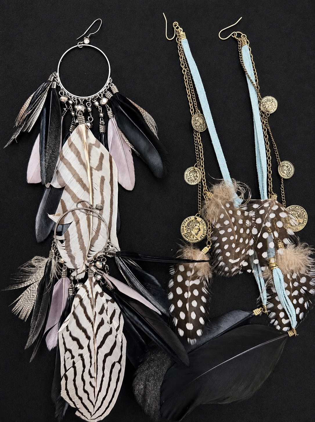 Boho Feather Jewelry Lot – Statement Necklace + 3 Pairs Earrings Black Blue