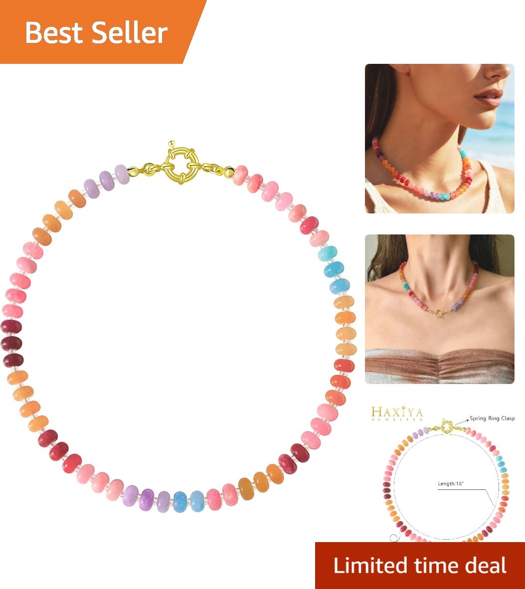 Stylish 16 Inch Boho Beach Necklace with Colorful Natural Gemstones – Gift Ready