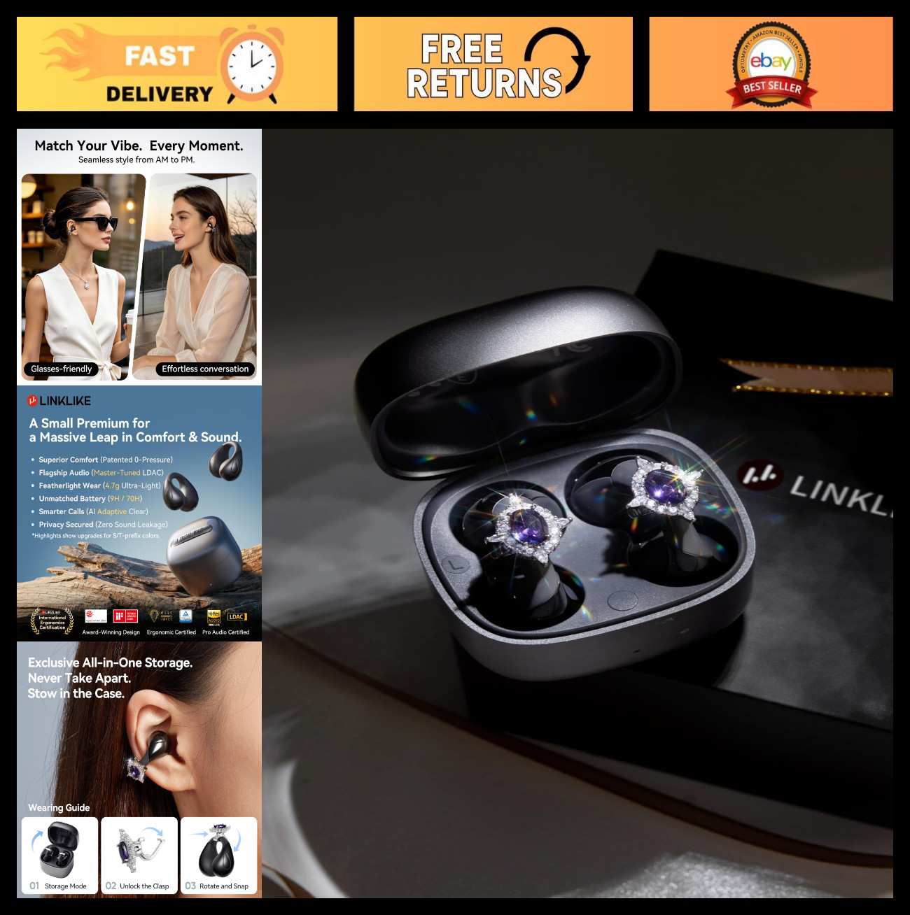 Comfortable Clip-on Earbuds with Zircon Earrings, 70H Playtime, Hi-Res Sound – P