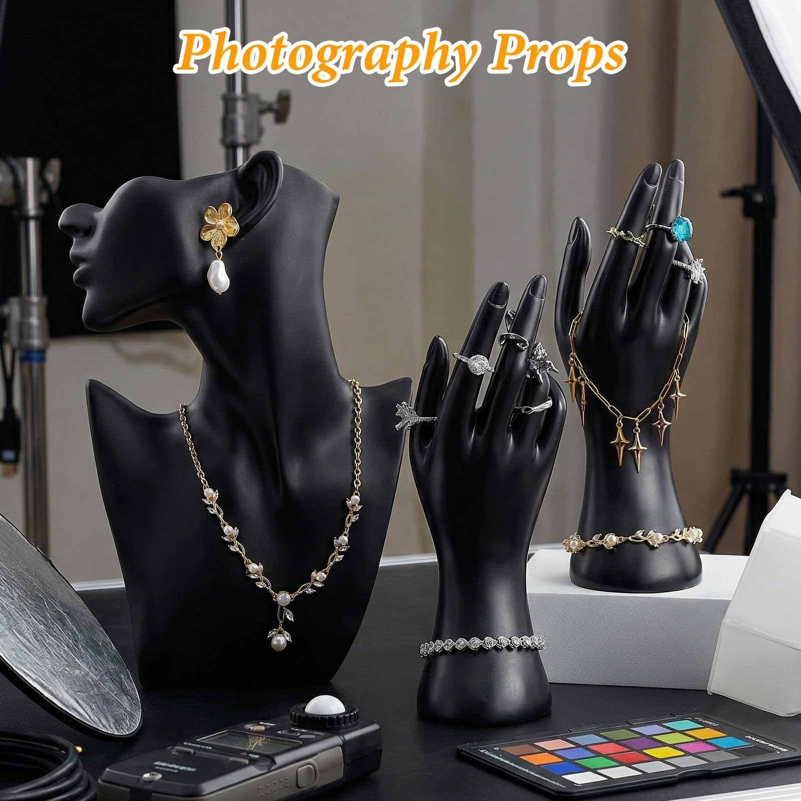 3 Pcs Jewelry Mannequin Display Set – Black PVC Bust Holder with 2 Hand Displ…