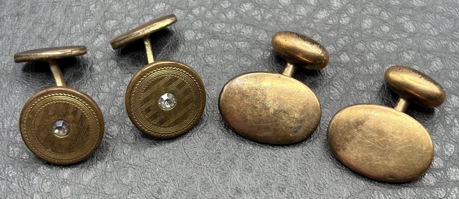 Vintage Lot 2 Pairs Victorian Gold Filled Cufflinks Etched Oval Paste Stones