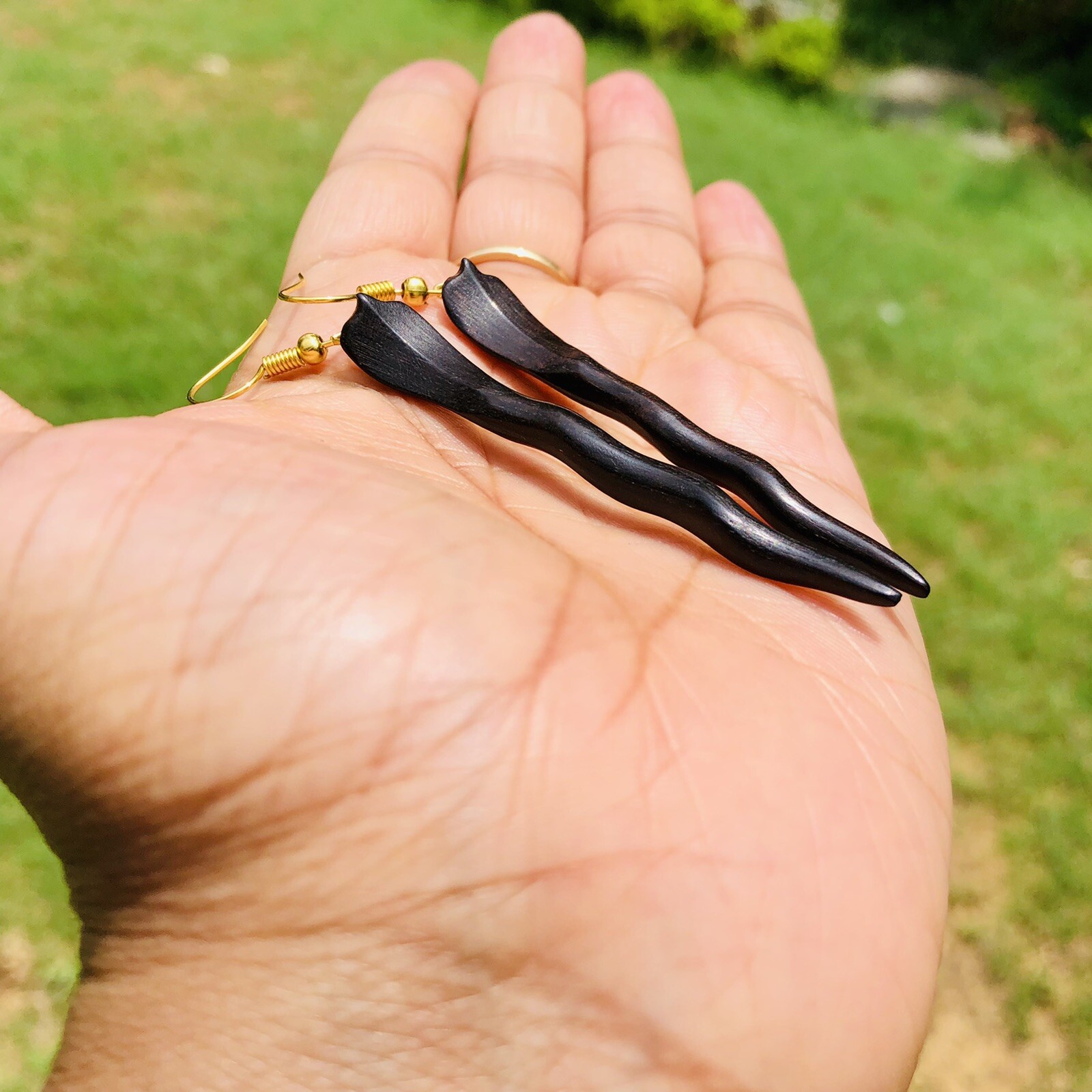 Ebony Wood Long Shoulder Duster Linear Handmade Snake Earrings 85 mm length, D 4