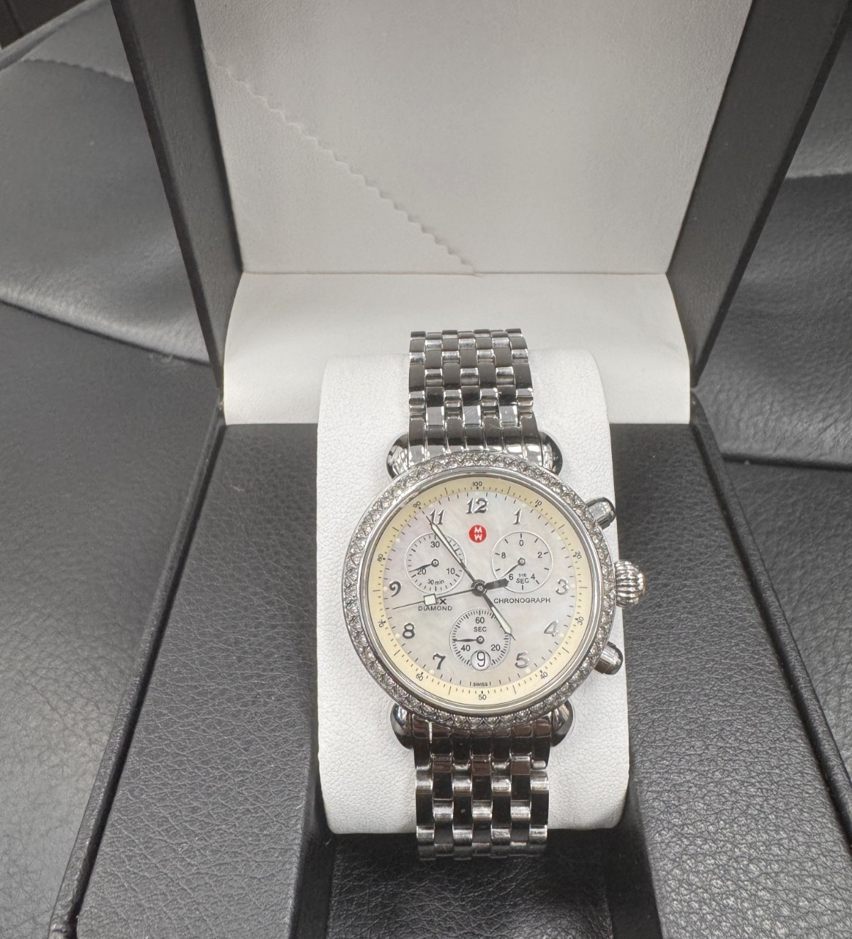 Women SWISS CHRONOGRAPH Watch MICHELE “CSX” 71-3600. Diamonds Bezel. MOP Dial