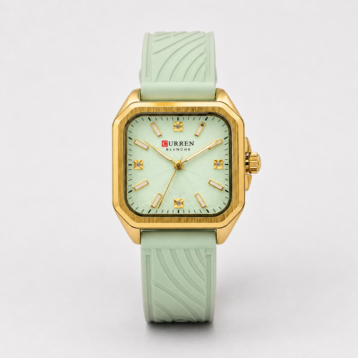 CURREN Women’s Mint Green Silicone Strap Watch Gold Square Quartz 3ATM