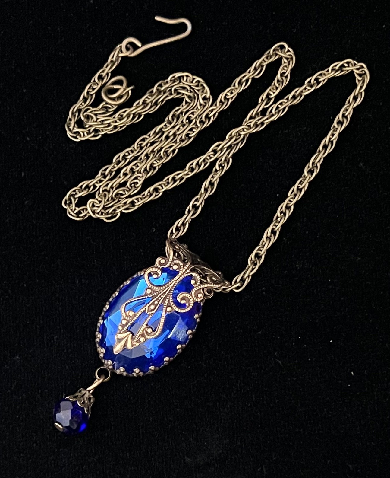 Blue Necklace Victorian Revival Brass Filigree Czech Glass Rhinestone Pendant