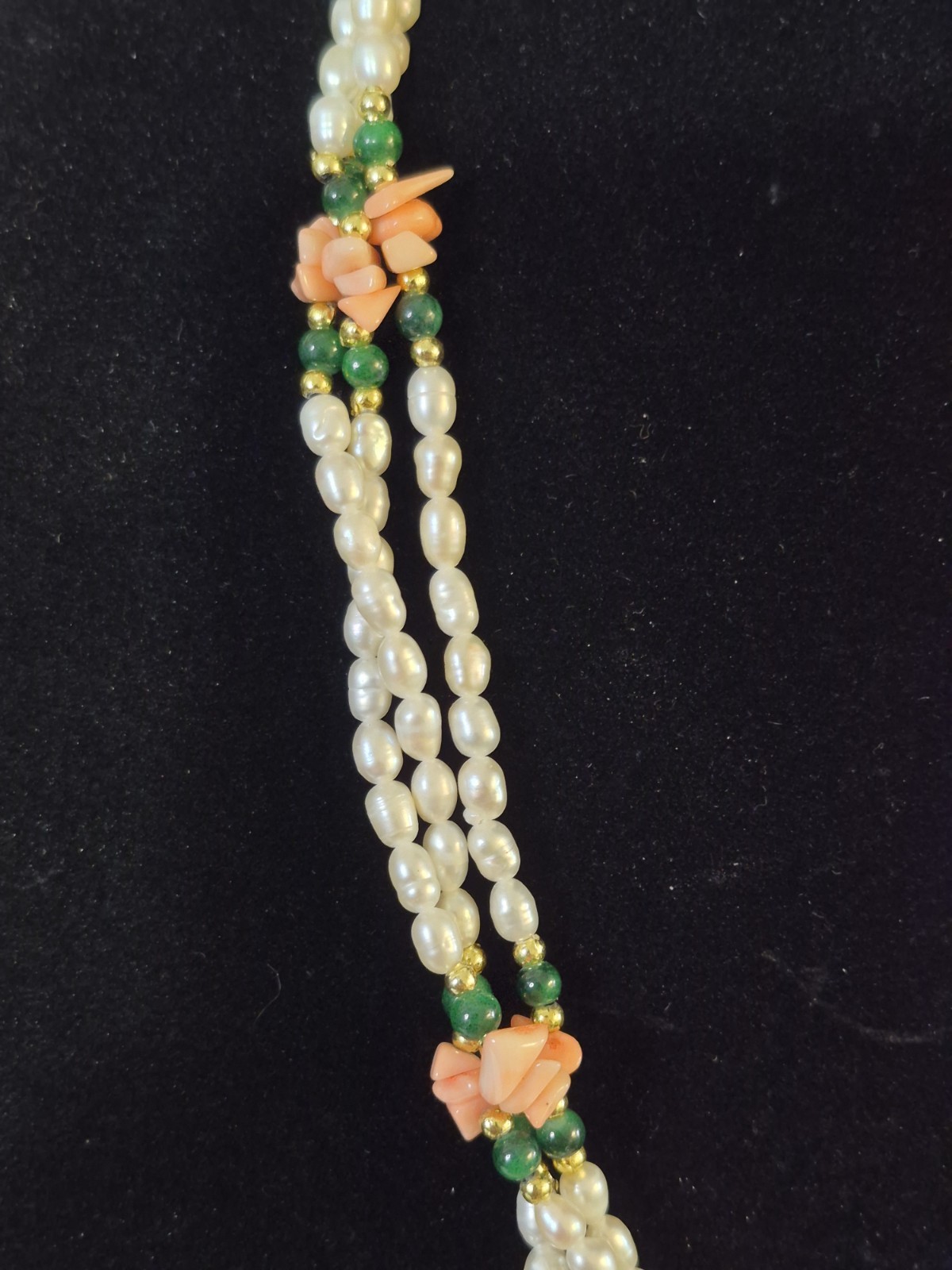 Rice Pearl 3 Strand Necklace 22” Coral Green Goldtone Push Lock Clasp Vintage