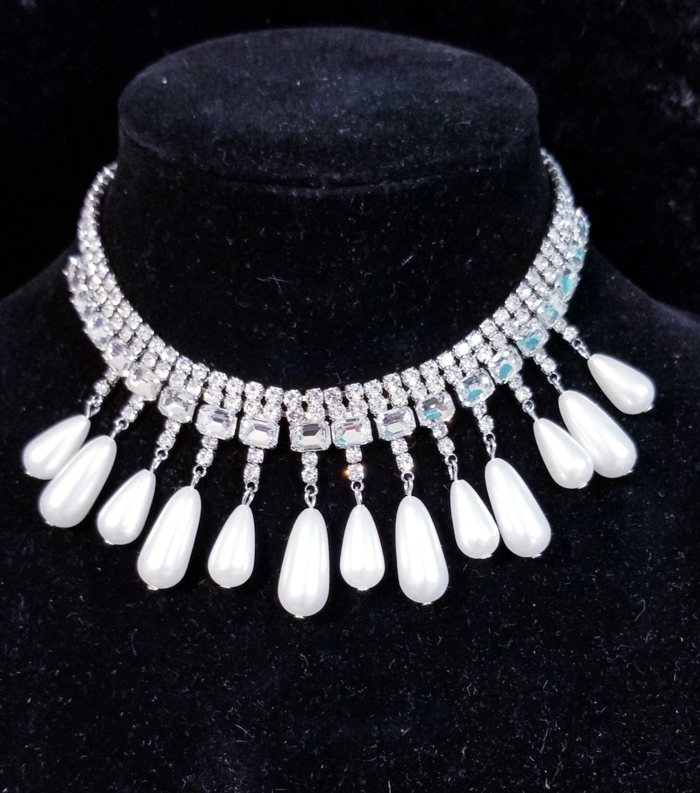 Clear Crystal Choker Rhinestone Created Pearls Necklace Bridal Prom Pageant
