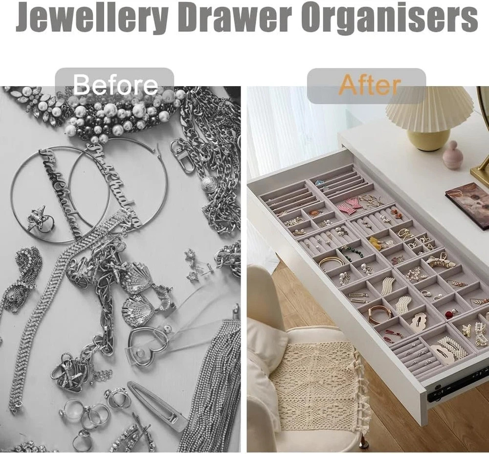 10 Pack Jewelry Organizer Tray Drawer Inserts,Stackable Velvet Liner Dividers..