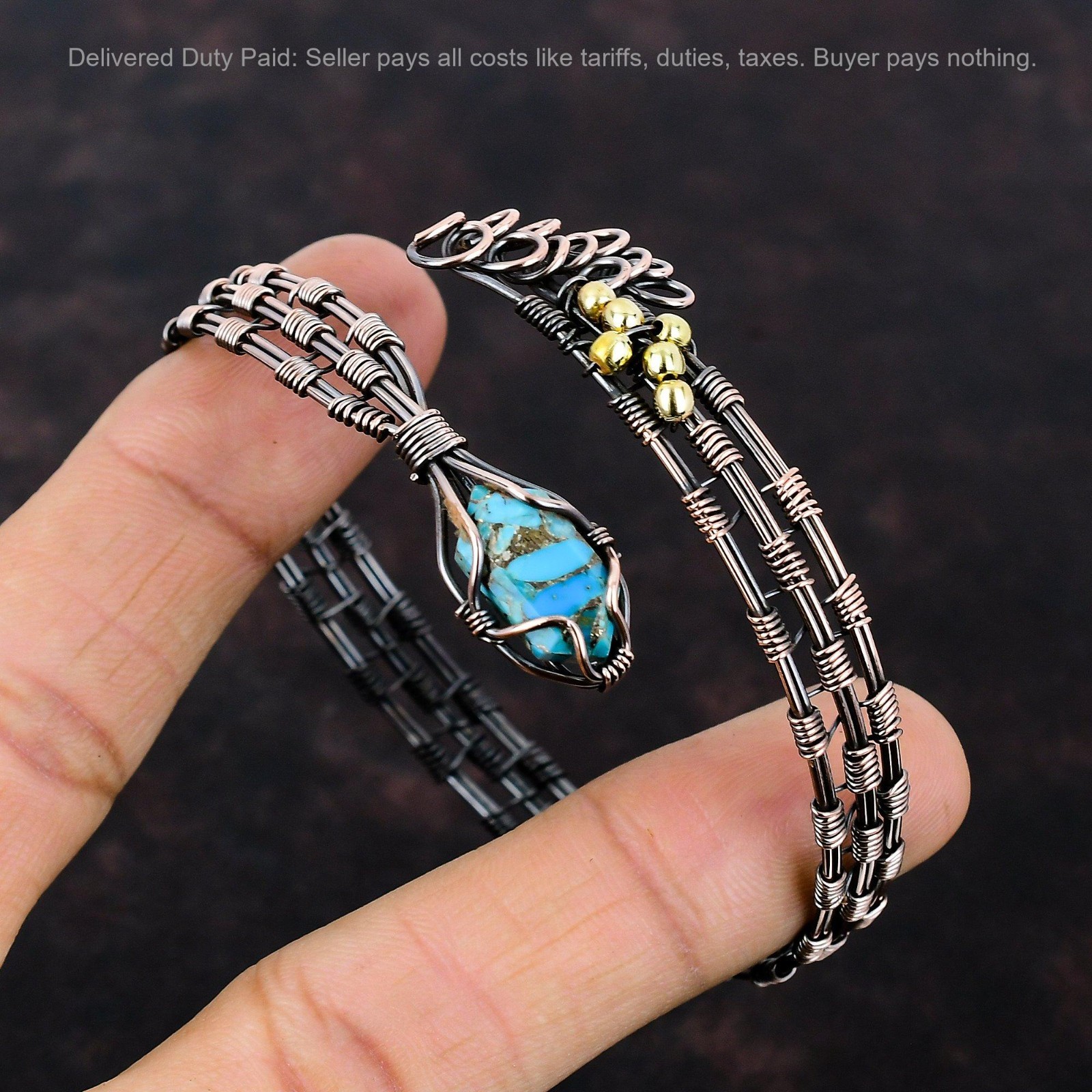 Hexagon Natural Copper Blue Turquoise Sister Wire Wrapped Elegant Bangle Copper