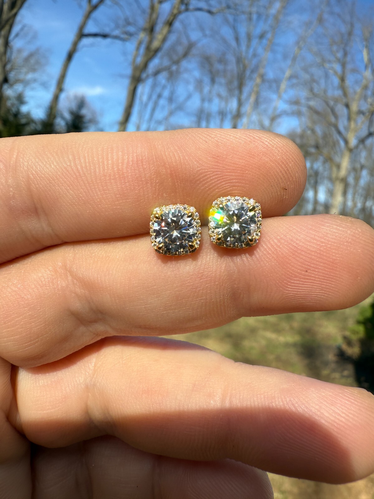 Real Moissanite Square Halo Stud Earrings 14k Gold 925 Silver HipHop Mens Ladies