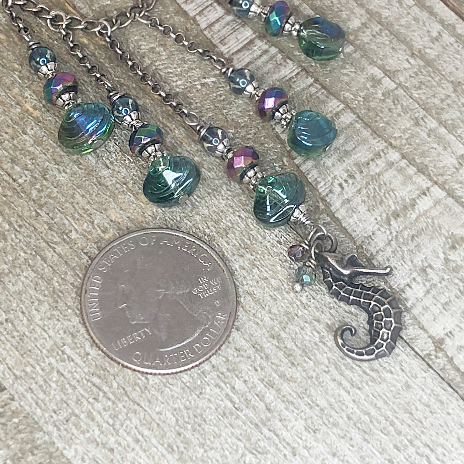 Seahorse Choker, Titanium Coated Quartz, Faceted Hematite, Glass Seashell Neckla