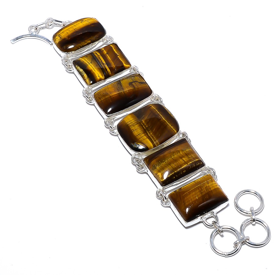 Natural Yellow Tiger Eye – South Africa 925 Silver Plated Bracelet 7.99″ T92