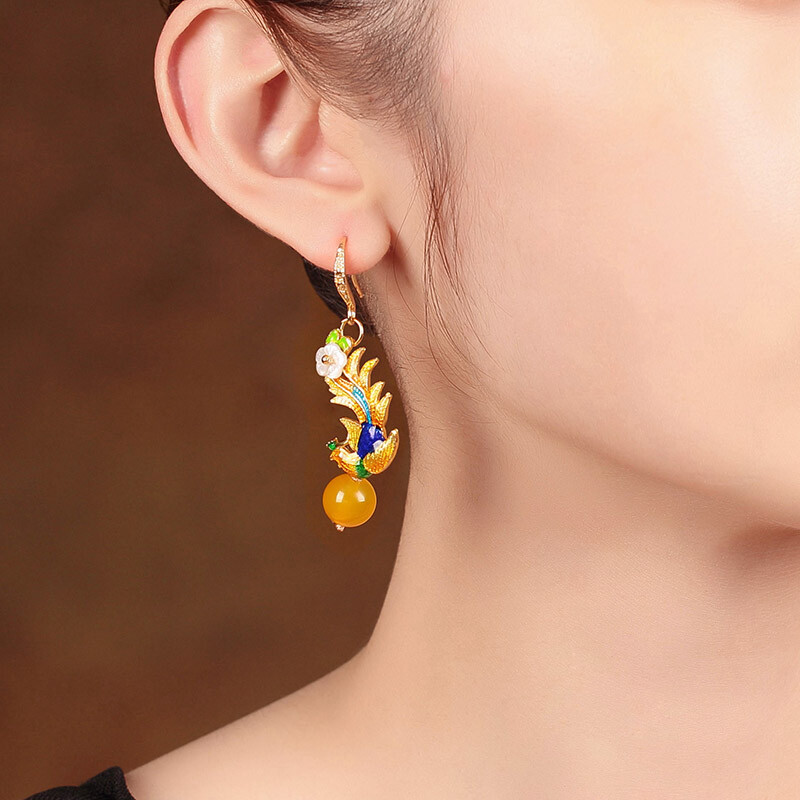 Chinese Ethnic Style Antique Earrings Yellow Agate Cloisonne Phoenix Earrings