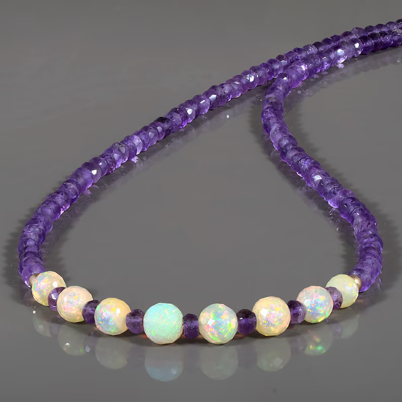 Natural Fire Opal Amethyst Beaded Necklace 925 Sterling Silver 18 in Handmade