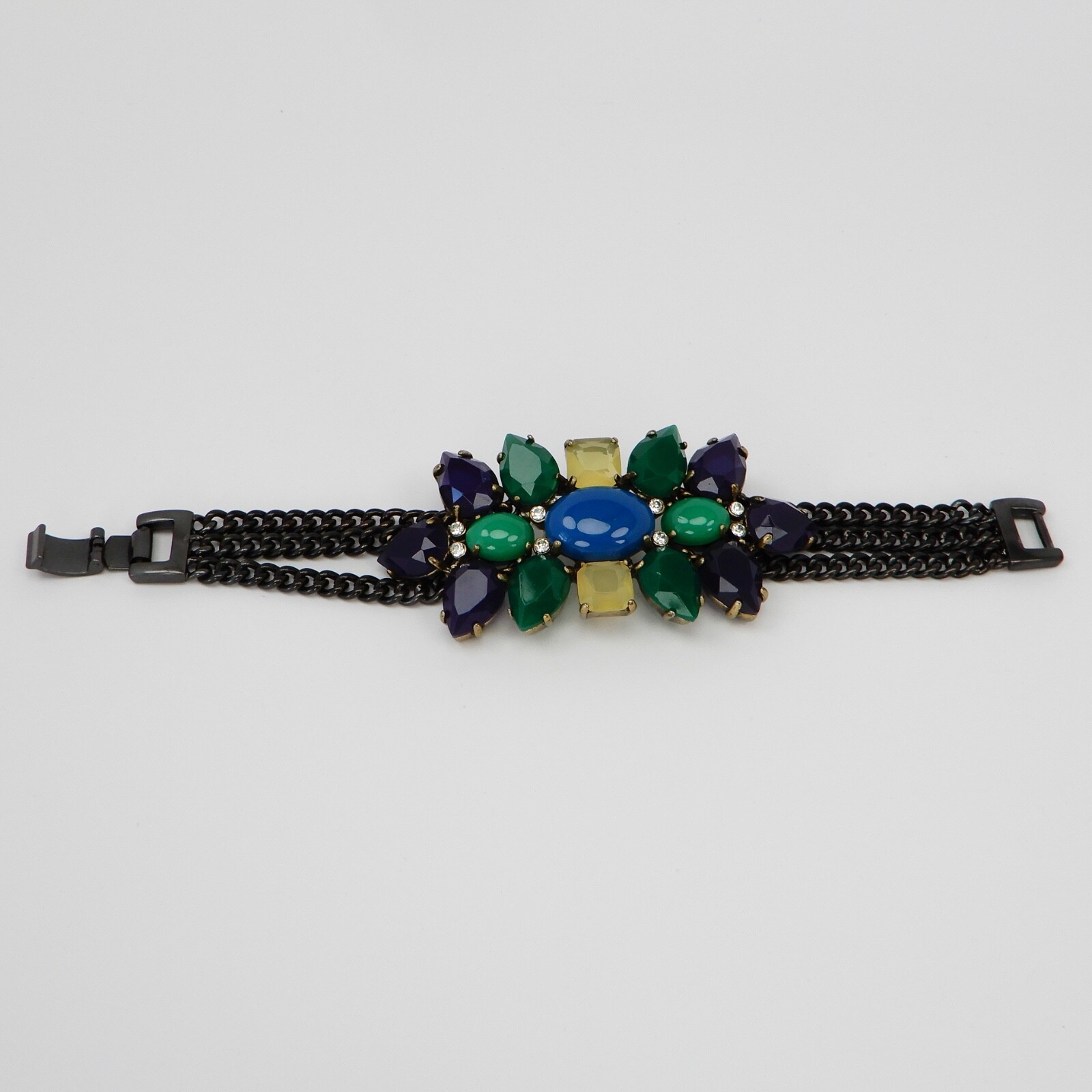 Stella & Dot Peacock Bubble Cabochon Gunmetal Chain Statement Bracelet Wrap 6.2″