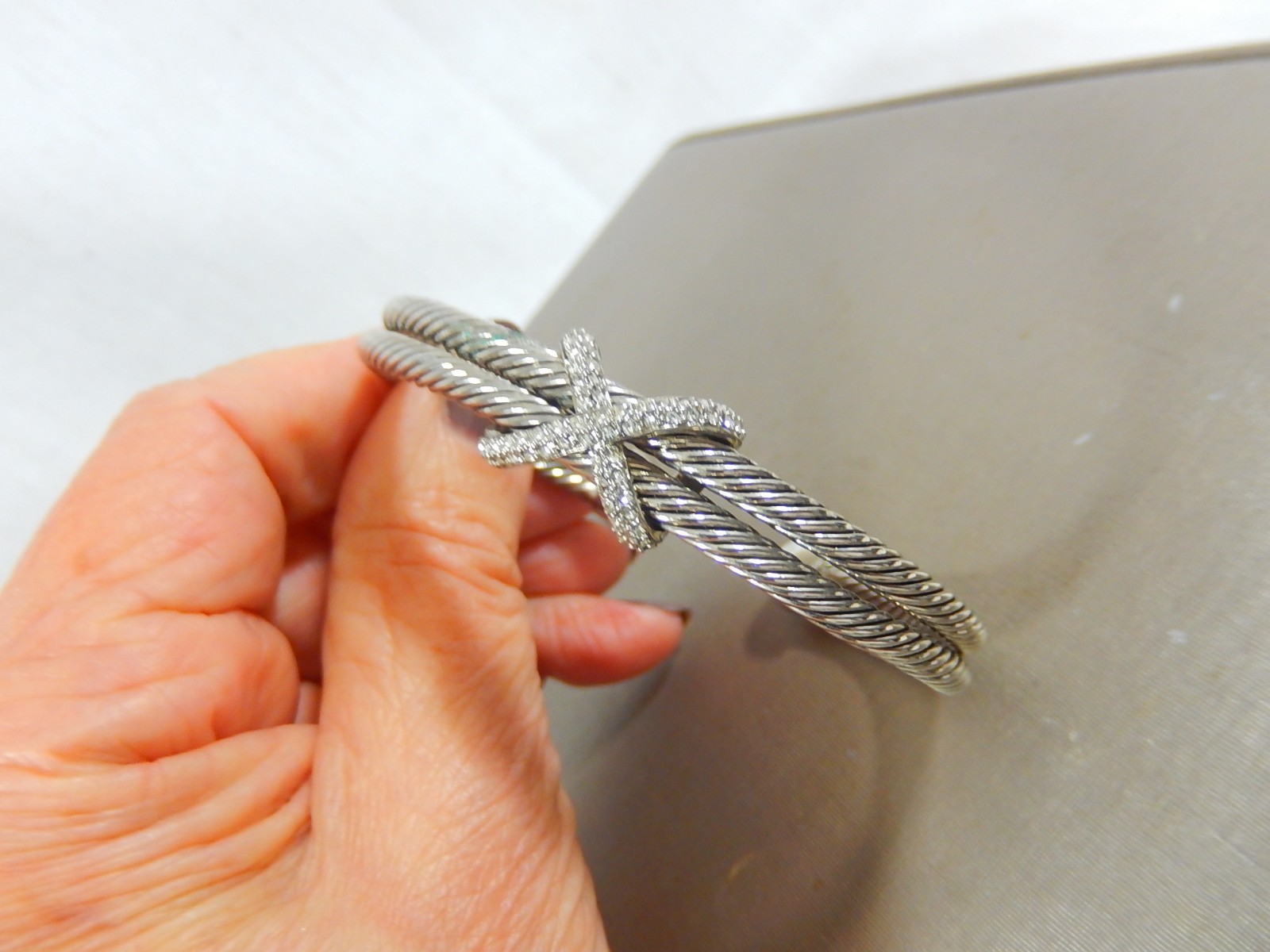 VTG CABLE 2 ROW SILVER CRYSTAL CUFF BRACELET LARGE 7.75″ SIZE