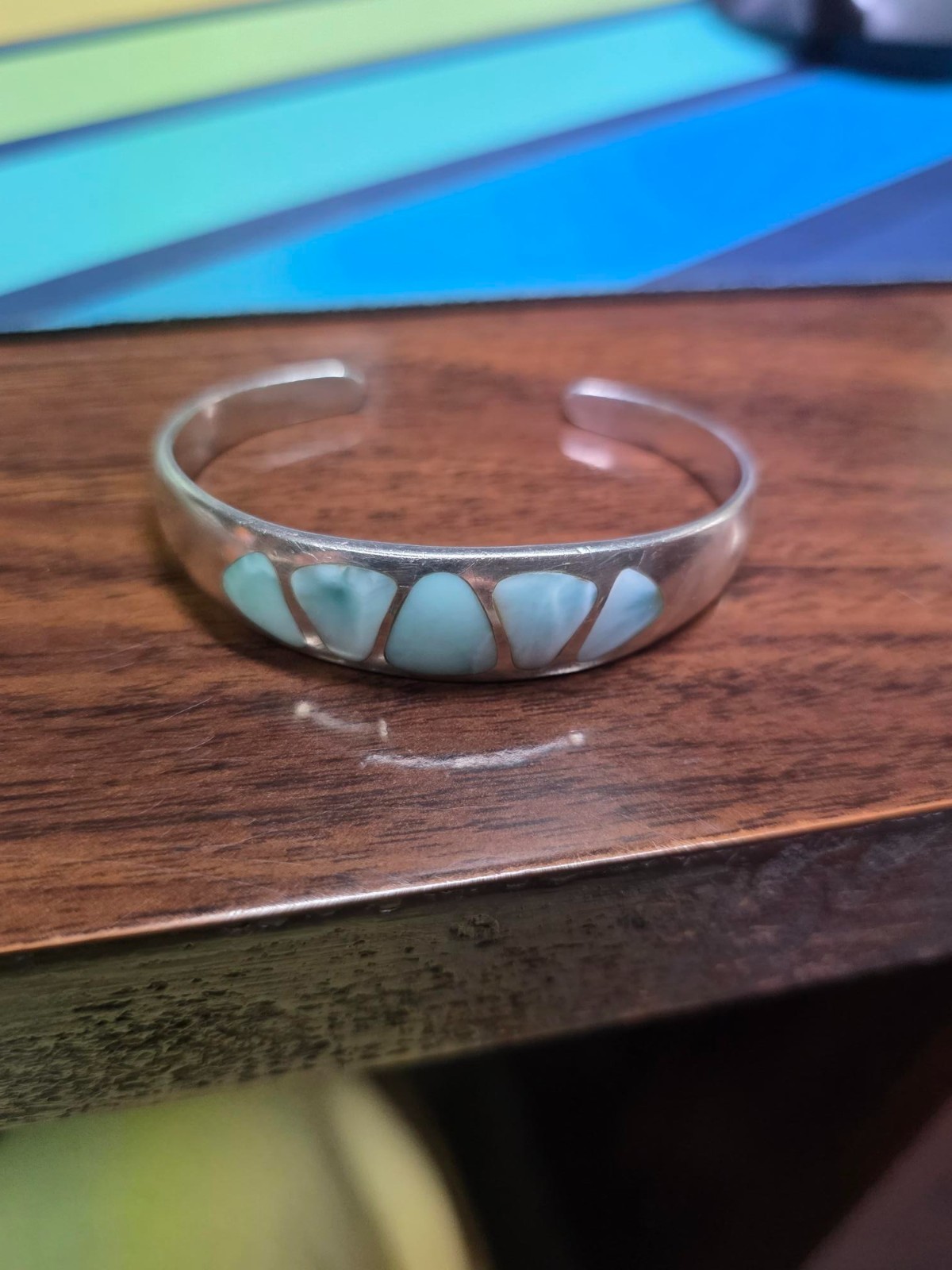 Vintage Marahlago Genuine Larimar 925 Sterling Silver Heavy Cuff Bracelet