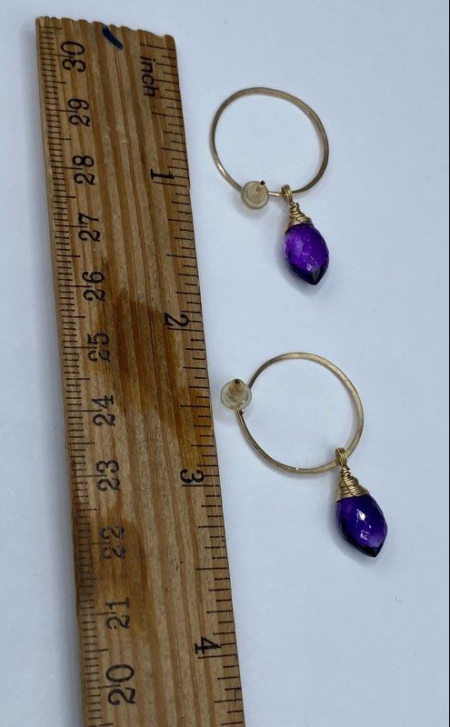 10K Yellow Gold Amethyst Briolette Hoop Dangle Earrings 2.4g 1.5″