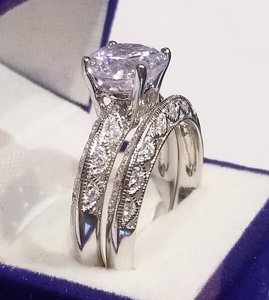 Luxury Art Deco Style 3Ctw Round Cut Created Diamond Silver Wedding Ring Set 2pc