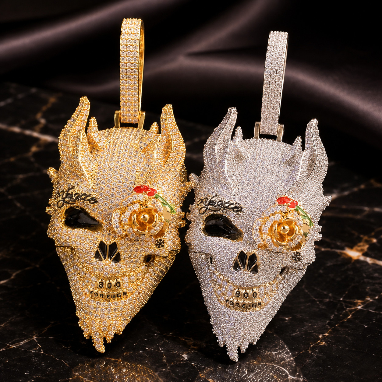 5AAA+ CZ Iced Out Hip Hop Rose Eye Skull Head Pendant Necklace 14k Gold Plated