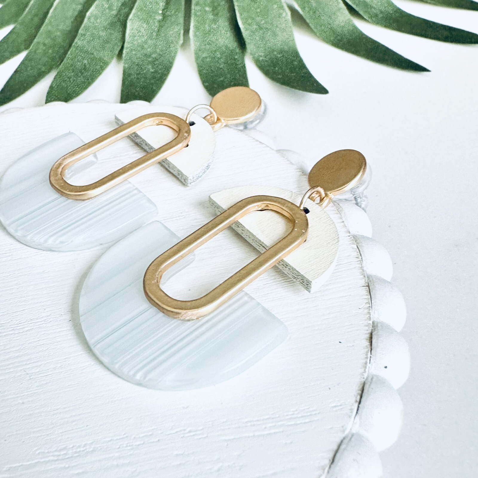 Gold White Gray Acrylic Arch Dangle Earrings Boho Oval Drop Jewelry Gift NEW