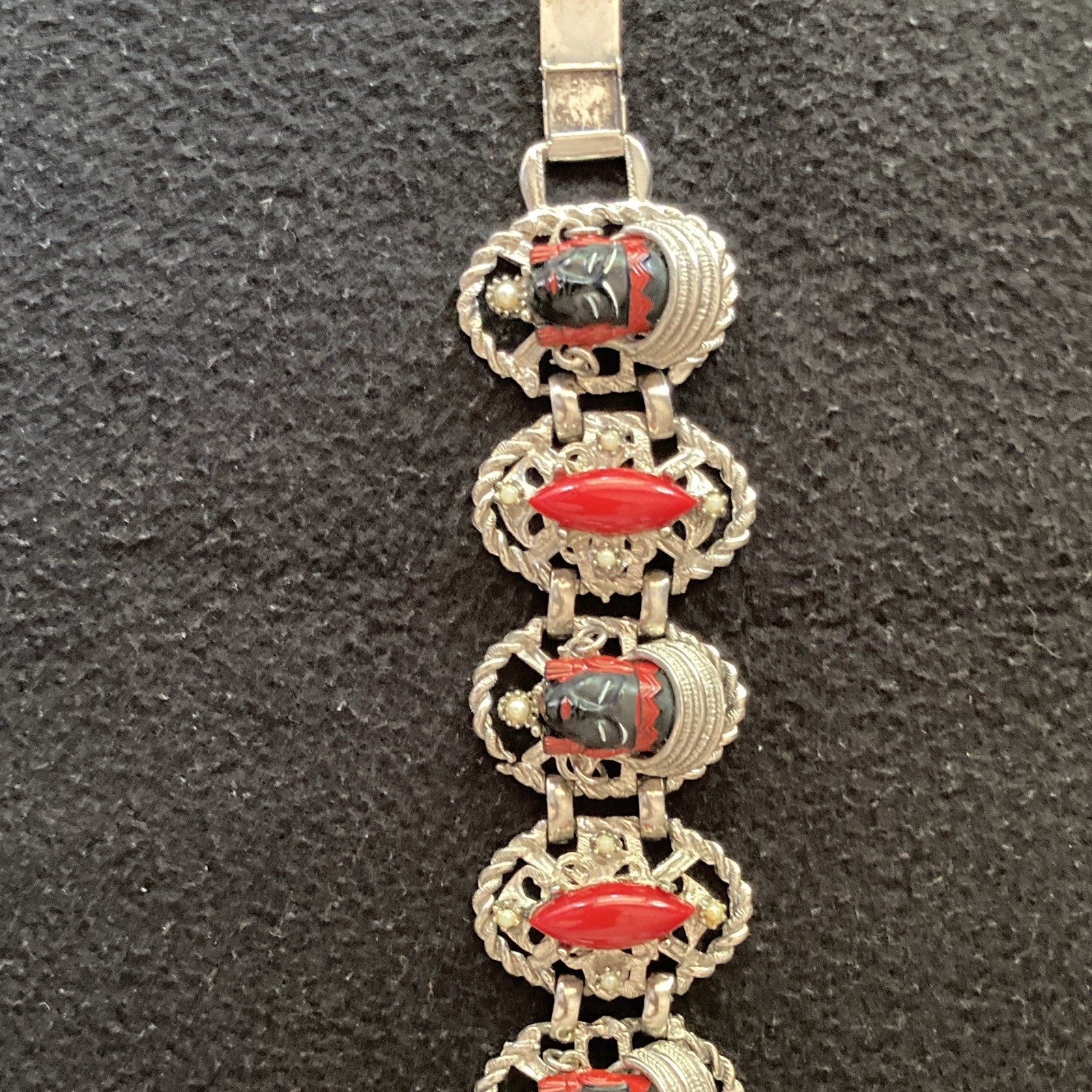 Silver Tone Black & Red Cameo Face Motif Bracelet & Earrings Jewelry Set