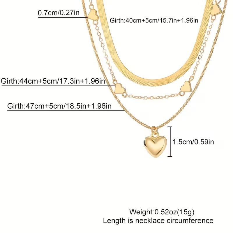 Gold Layered Heart Necklace Set Women 3 Layer Choker Chain Pendant Jewelry Gift