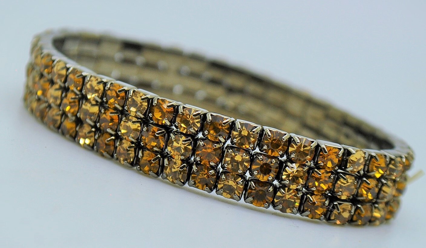 3 Row Smoked topaz & light Colorado Rhinestone Black nickel Stretch Bracelet