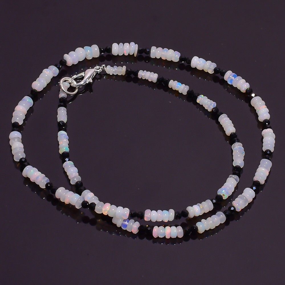 28.75 Ct. Natural Ethiopian Opal Black Spinel Smooth Beads Necklace 16″ A-2083