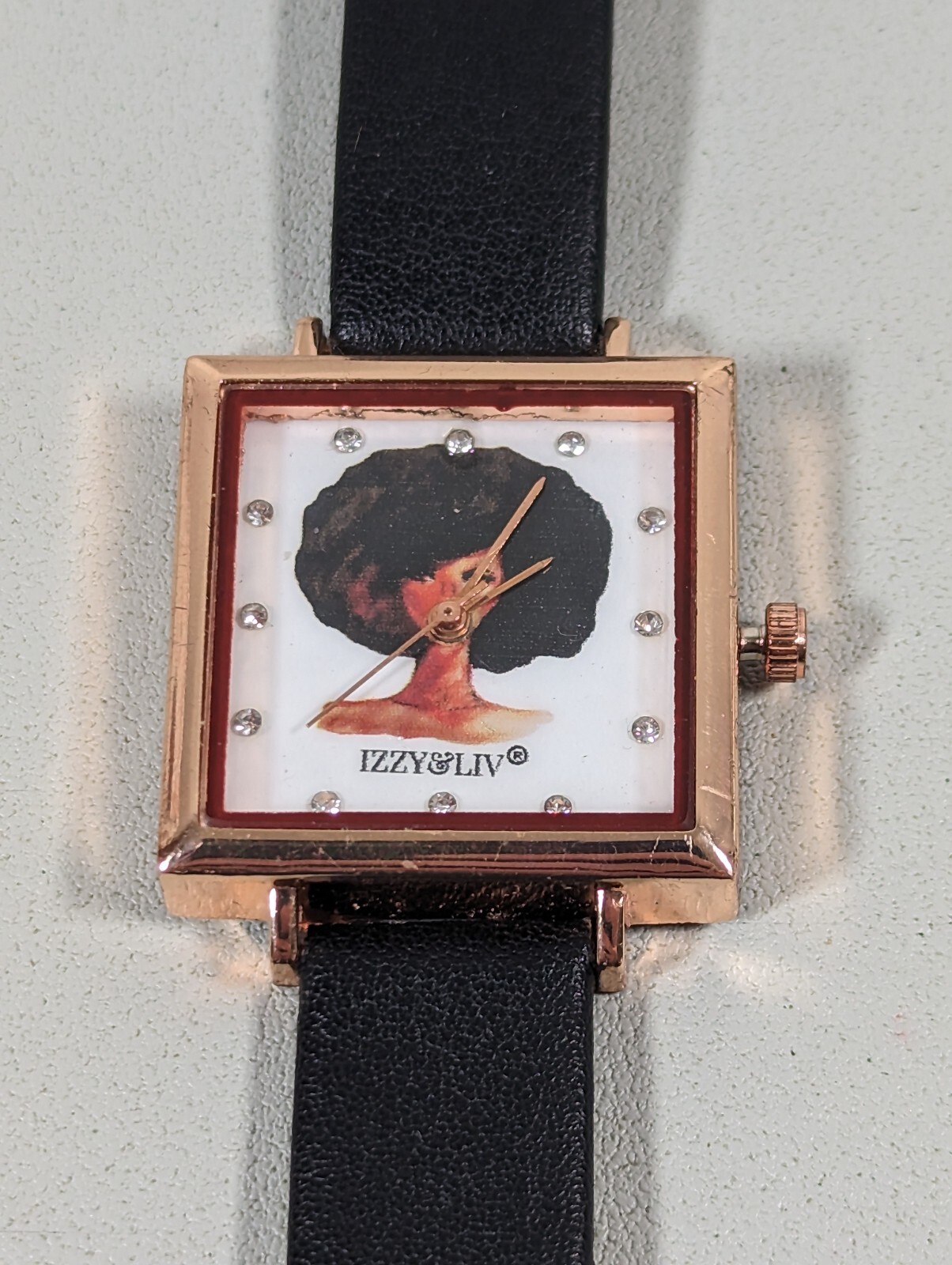 Ixxy&Liv Crystal Accent Dial Square Gold Tone Case Black Band Watch