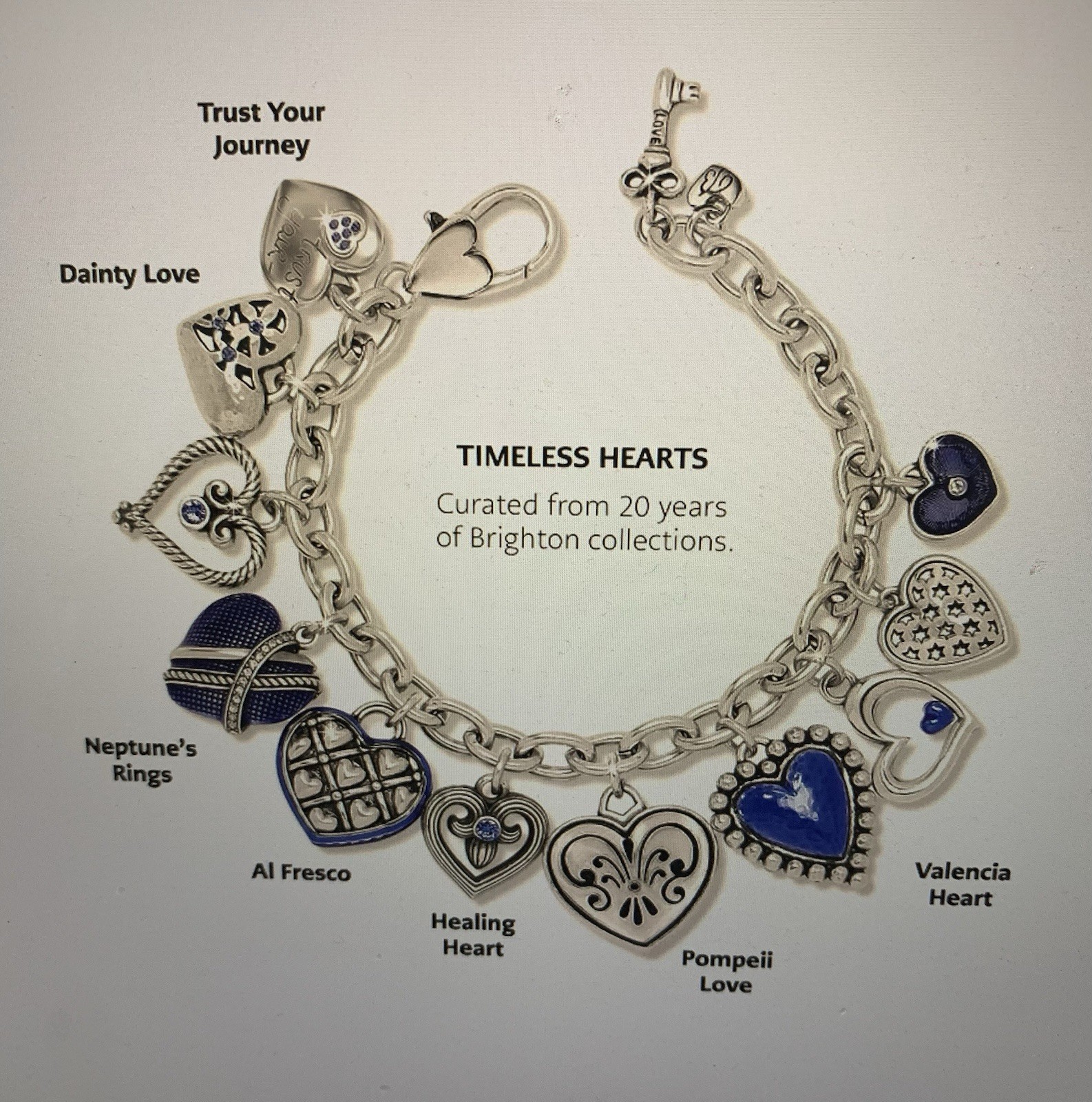 Brighton AL FRESCO & LOVE Hearts 7.5-8 Inch Charm Bracelet, Engraving