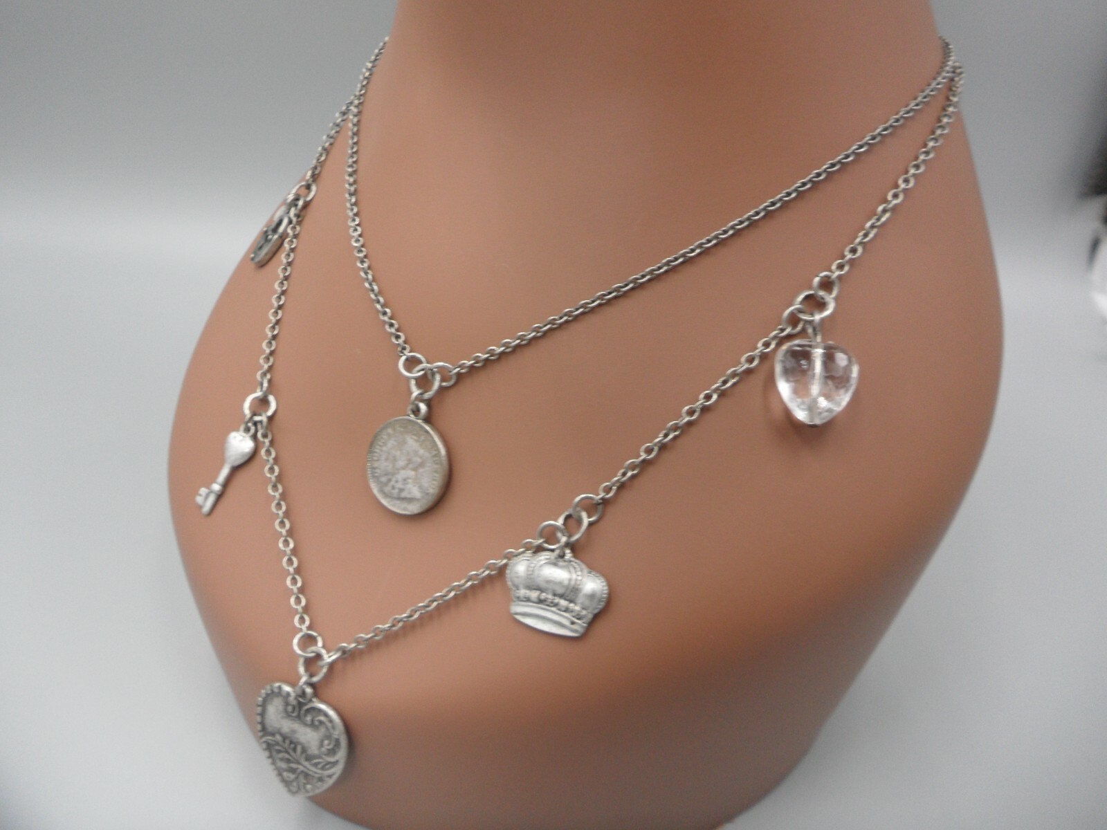 AE Signed Charm Necklace American Eagle Layered Coin Heart Crown Lock Key EUC