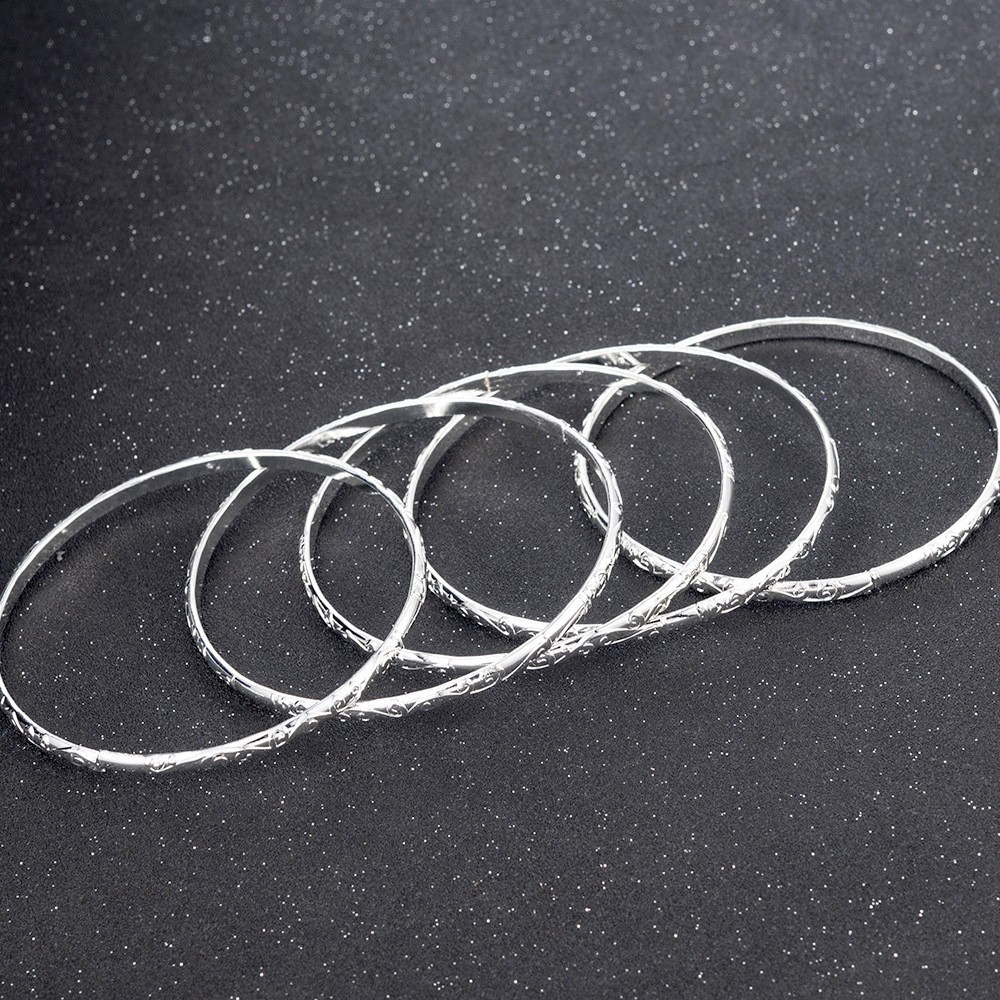 5Pcs 925 Silver Plated Pattern Bracelet Fashion Stacked Band Women’s Bracelet