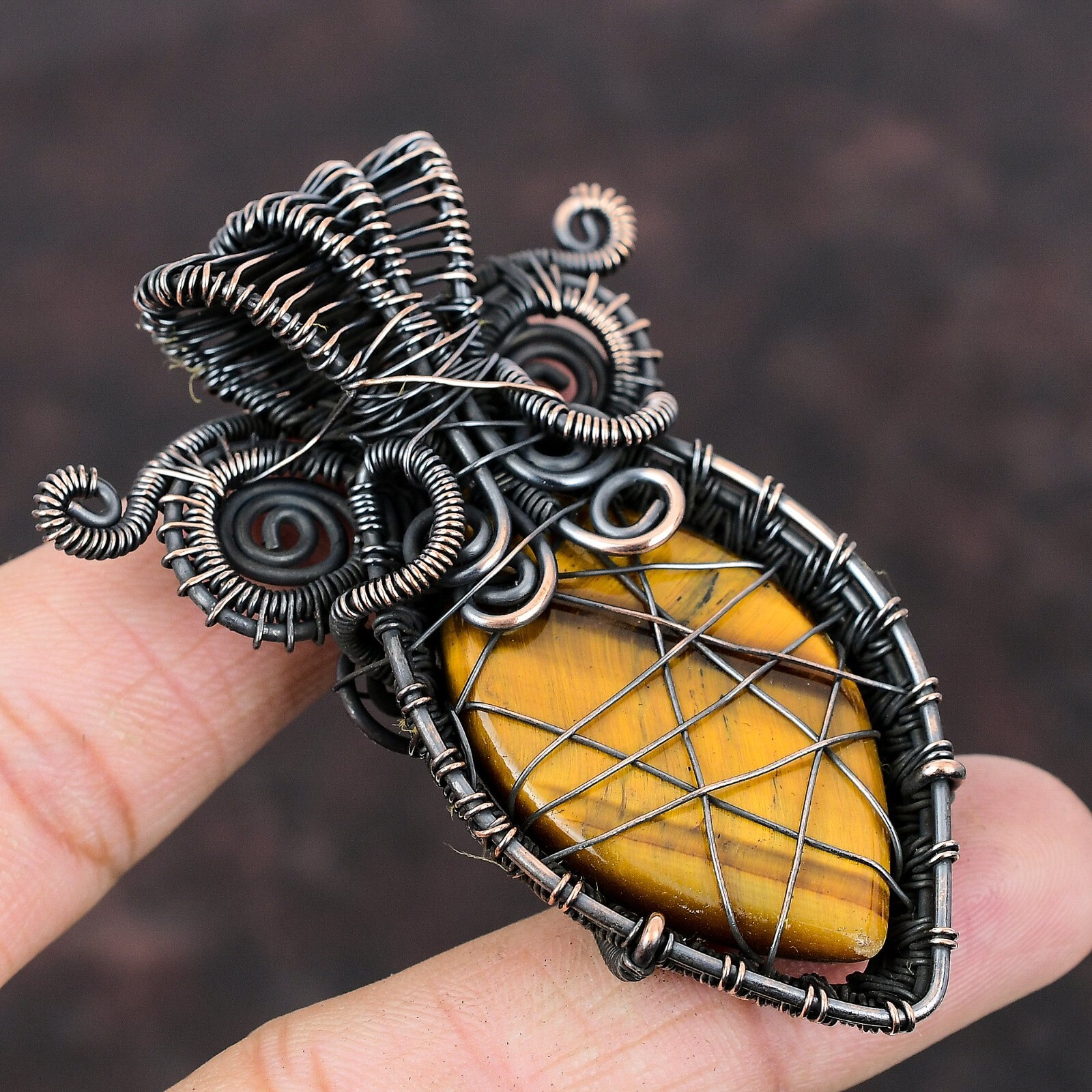 Tiger’S Eye Wire Wrapped Owl Pendant Handcrafted Copper Holiday Jewelry 2.83″