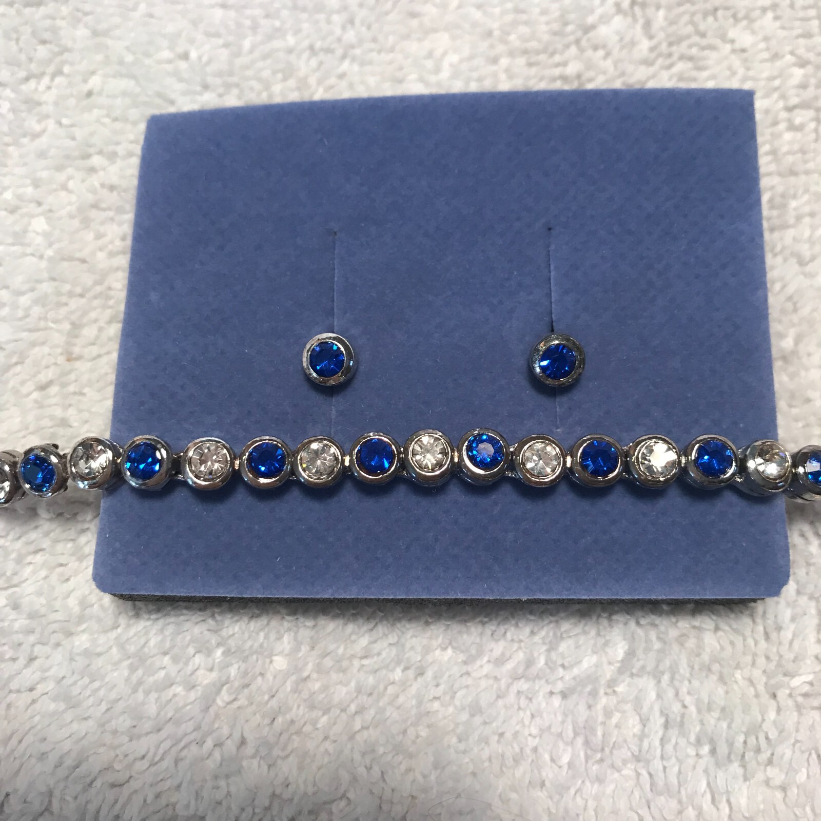 Vintage Avon 2002 Sparkling Sapphire color Crystal Tennis Bracelet Earrings Set