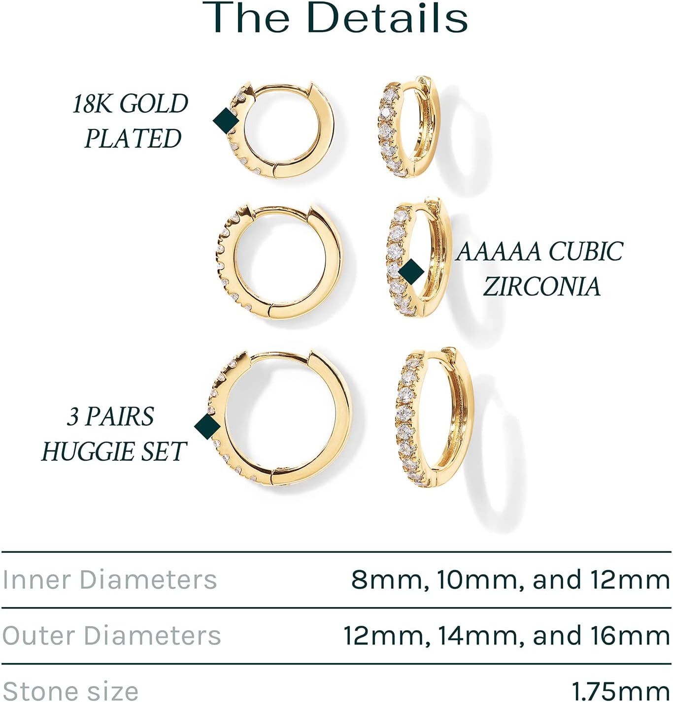 Gold Hoop Earrings for Women – 14K Gold Plated 925 Sterling Silver Posts 3 Pairs