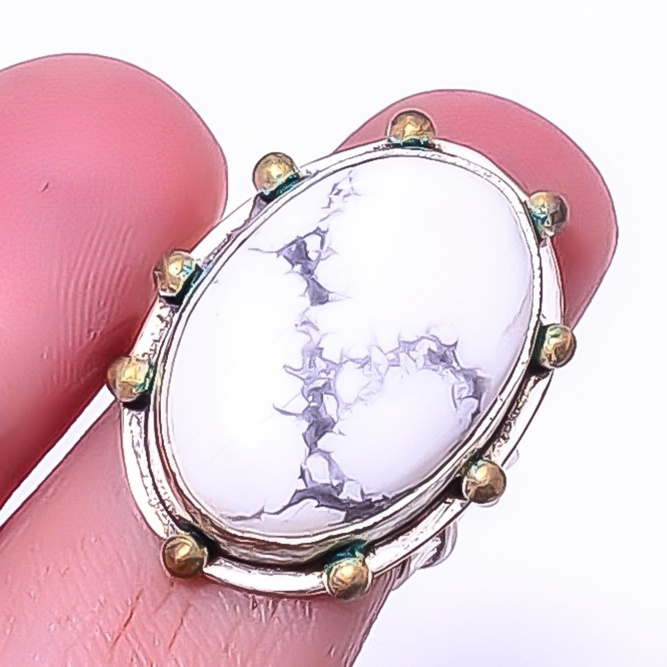 Howlite – Usa Gemstone 925 Sterling Silver Two Tone Gold Plated Ring s.6 A318