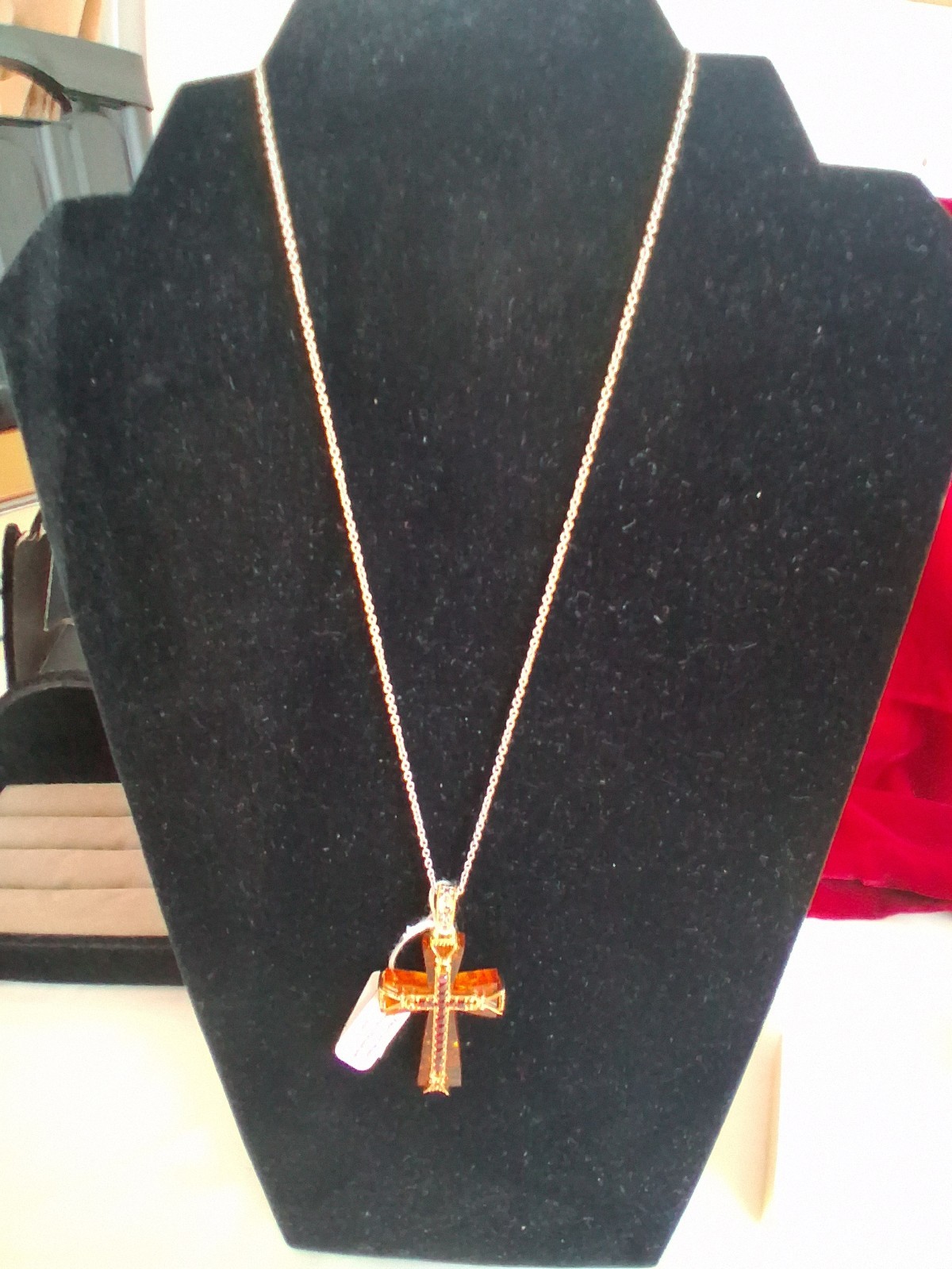 Gems en Vogue Baltic Amber Almondine Garnet Cross 925 Sterling NIB on 18″ Chain
