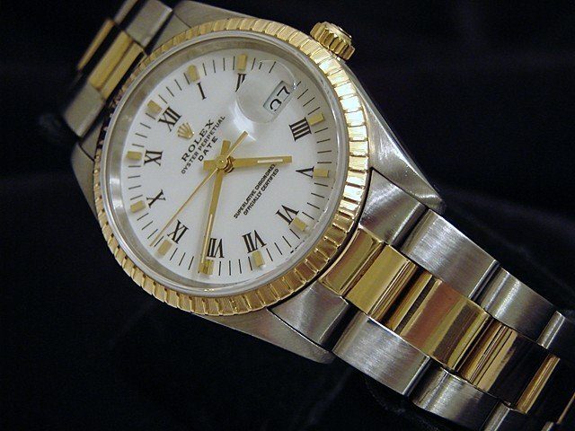 Rolex 2Tone 18K Gold/Stainless Steel Date White Black Roman w/Oyster Band 15223